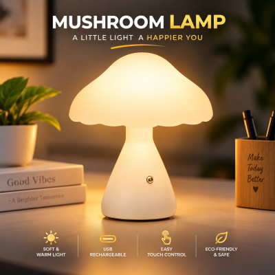 Rechargeable LED Mushroom Desk & Table Lamp – Cordless Touch Control Dimmable Ambient Night Light with Type-C USB Charging for Bedroom & Home Decor